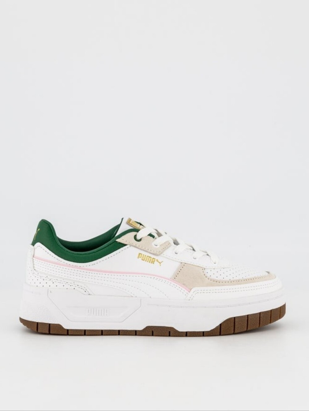 Puma White Sneakers with Green Lining and Gold Accents
